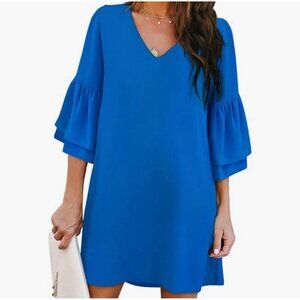 Women's Dress Short V-Neck Bell Sleeve Shirt Dress size S Blue